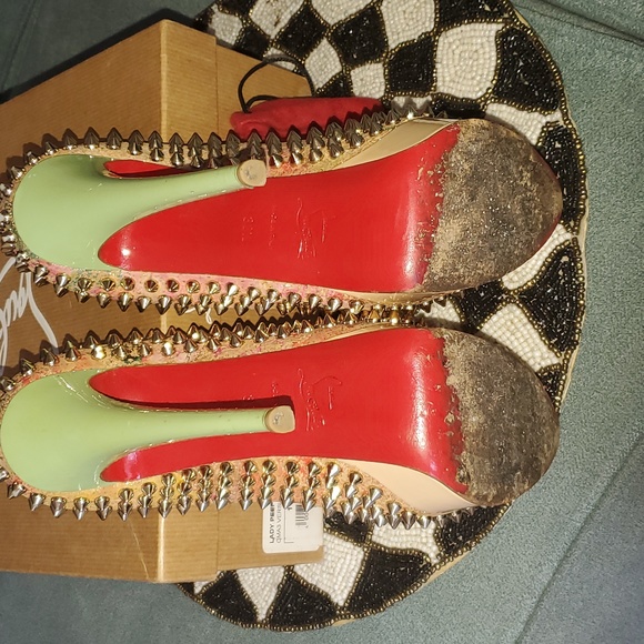 Christian Louboutin Metallic Spike Lady Peep 38.5/ US 8 Cork Multicolor - Picture 6 of 13